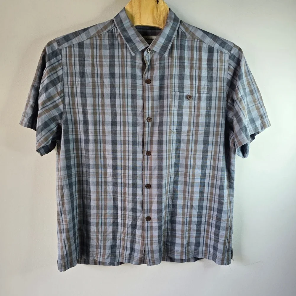 Tommy Bahama Mens XL Silk Plaid Short Sleeve Button Down Shirt Original Fit Grey